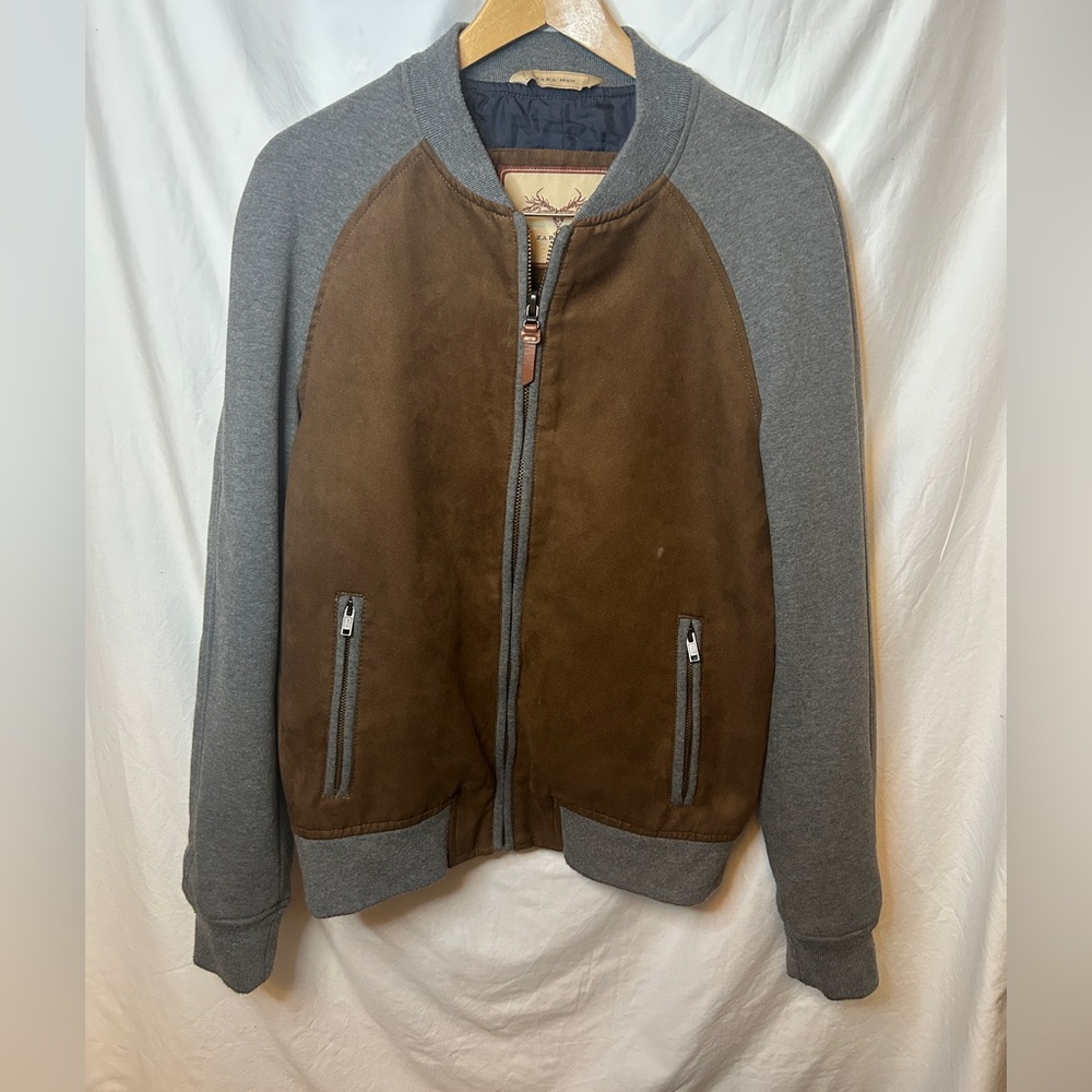 Zara Man Faux Suede Combined Bomber Jacket Large Full Zip Camel/Gray
